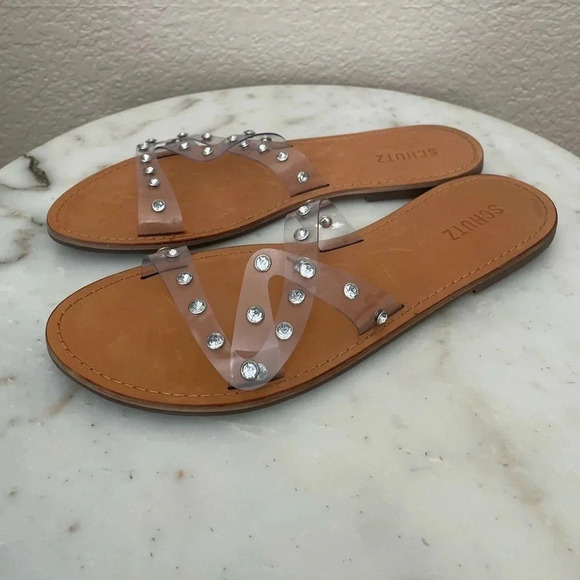 Schutz Cathryn Clear and Tan Cross Vinyl and Rhinestone Sequin Sandals Size 10 - Picture 1 of 7